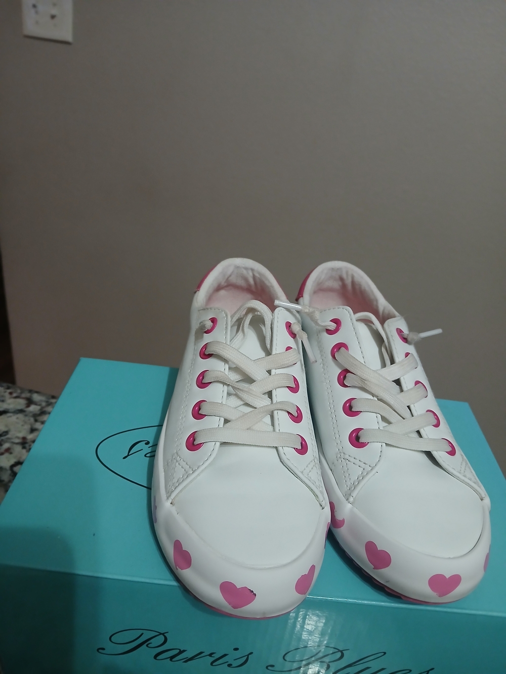 Paris Blues White Sneakers with Pink Heart Accents